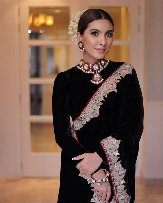 Black velvet Saree for Women Trendy Designer Saree Sabyasachi Bollywood Partywear Bridesmaid Bridal USA UK Canada