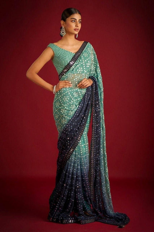 Beautiful green and blue Saree. Women Ethnic Wear saree, walima sari embroidery. Bridesmaid readymade blouse saree collection