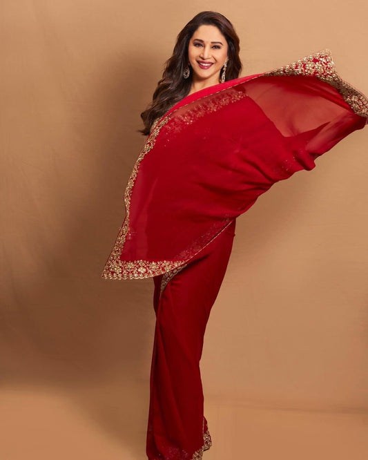 Beautiful georgette saree with stitched blouse Ready To Wear Georgette Red Colour special Wedding saree