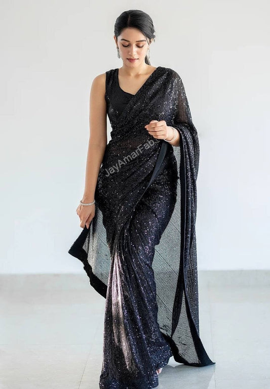 Black Saree Georgette Fabric With Sequnce Work ,In Blouse Indian Festival ,Bollywood Saree,Traditional Saree,Indian Outfits