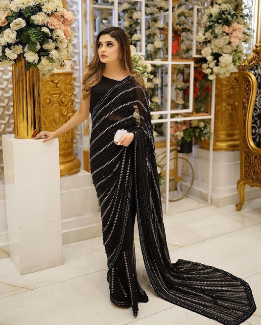 Black Saree Sari With Stitched Blouse Ready to Wear Worked Saree Indian Wedding Saree Designer Partywear Saree Traditional Saree , RR-405