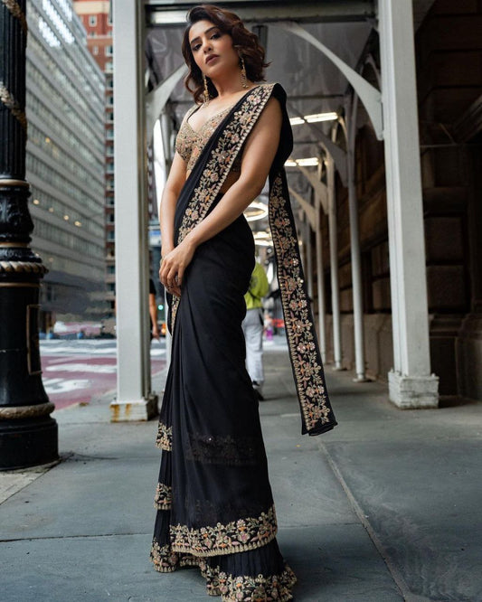 Black Colour 3 Layer Saree on Faux Georgette fabric with Thred & Sequence work